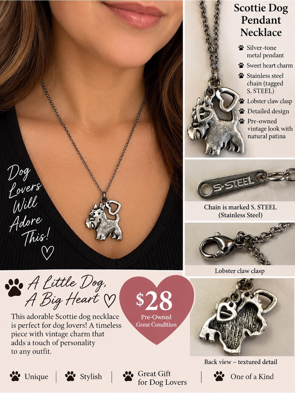 Scottie Dog Pendant Necklace - Silver-tone